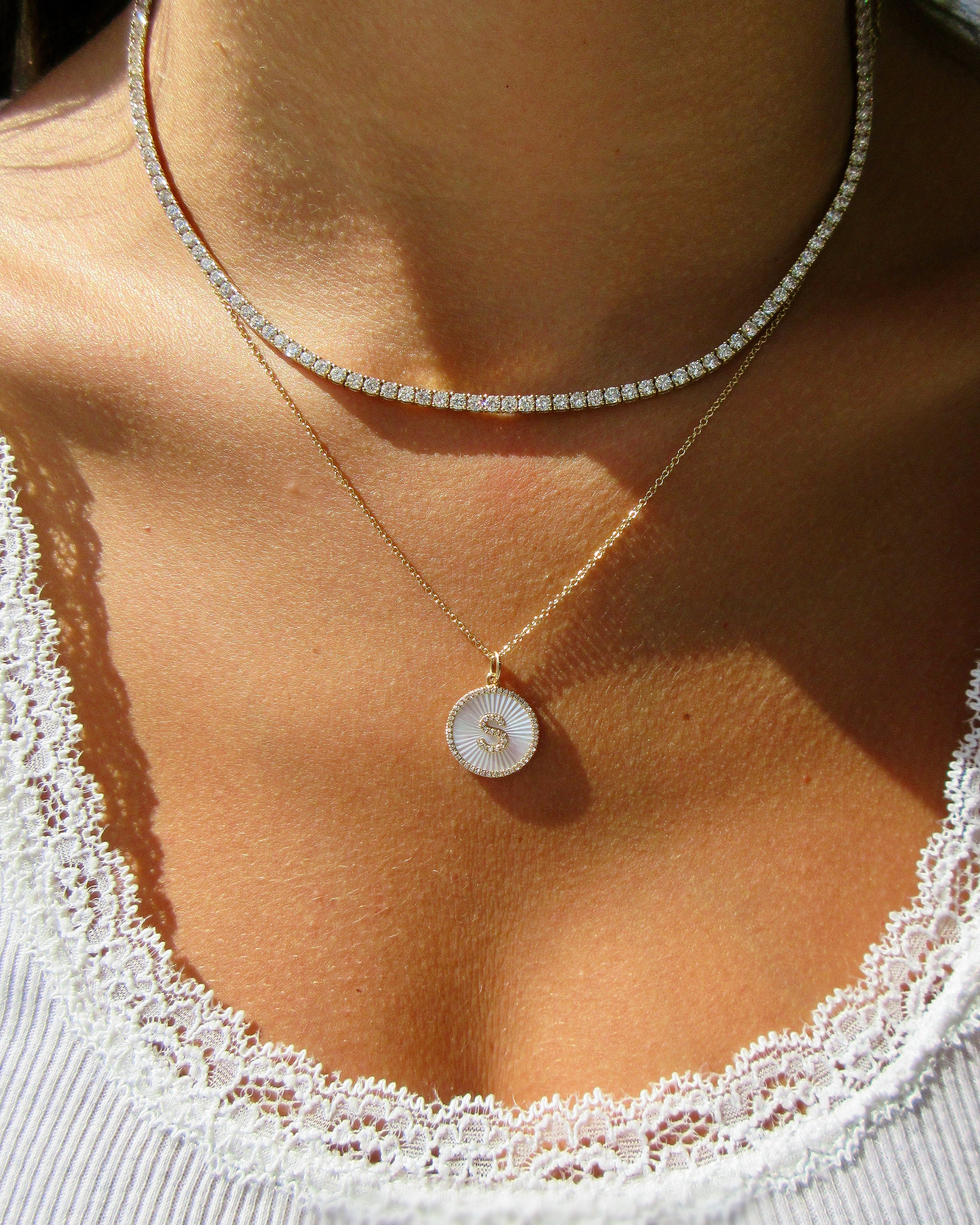 MOTHER OF PEARL INITIAL COIN NECKLACE