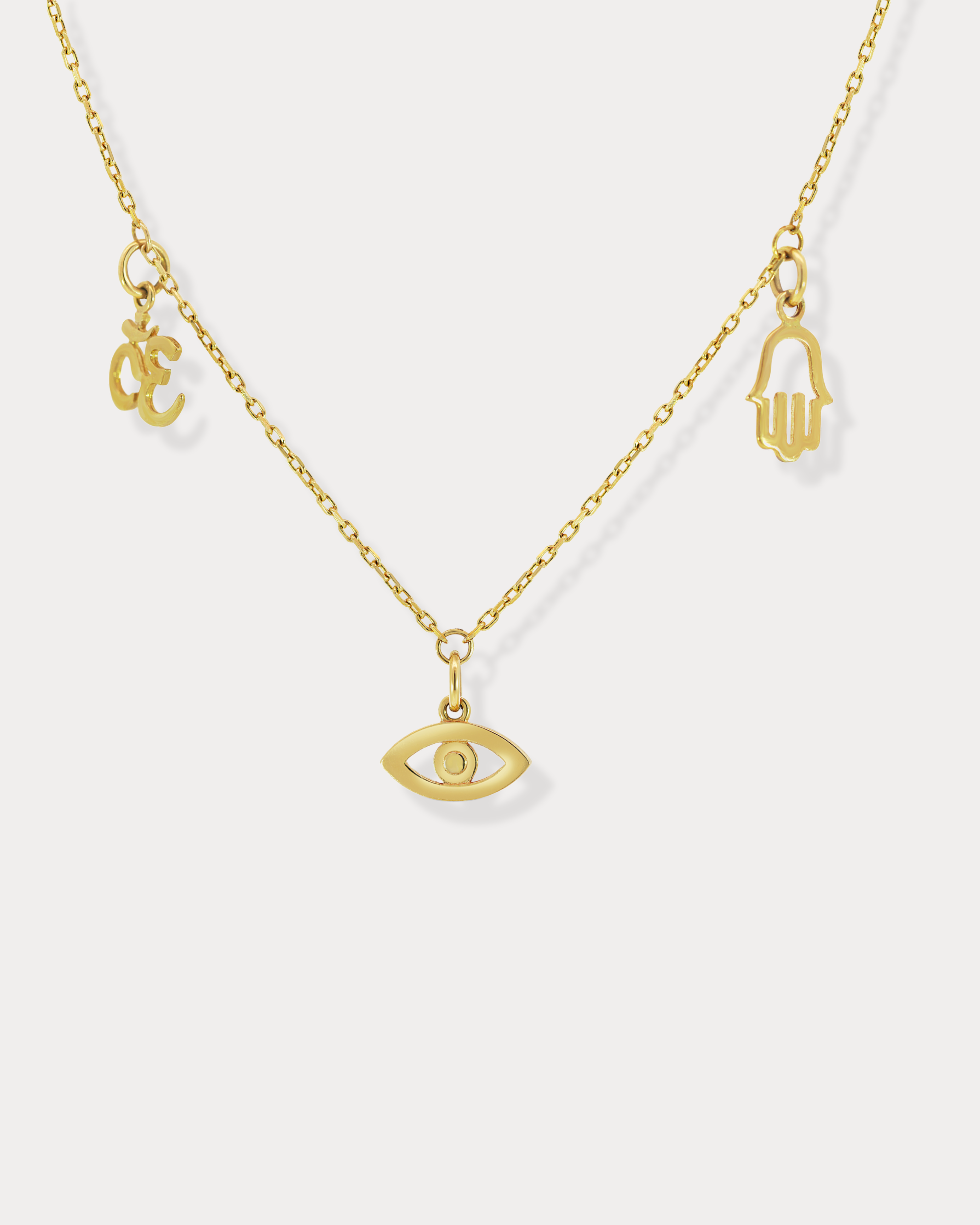 Triple Charm Necklace: Hamsa, Evil Eye, and Om