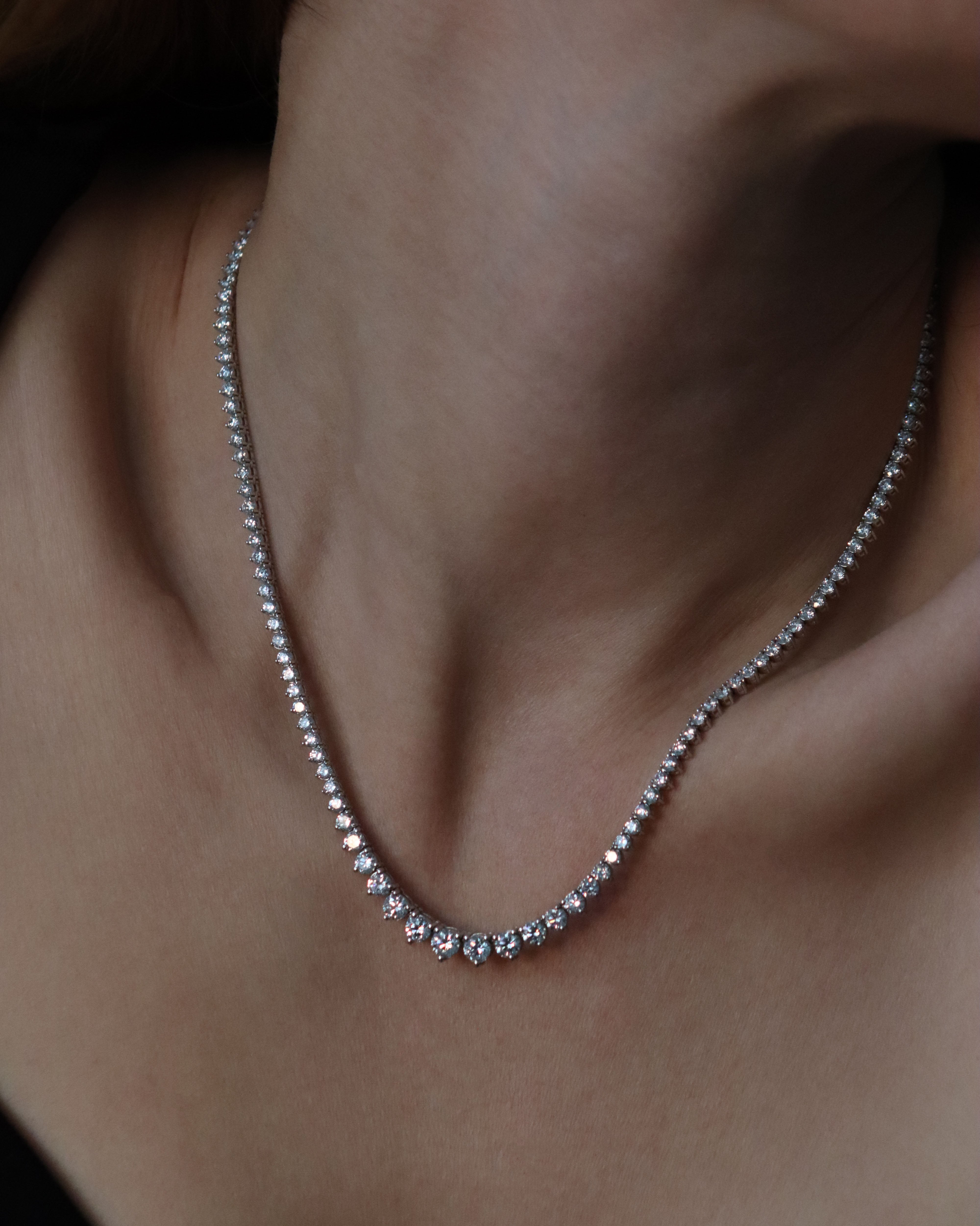 Close-up of a diamond necklace on a person's neck