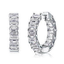 Load image into Gallery viewer, Emerald cut lab diamond hoops on white background, showcasing timeless elegance and sustainable luxury with an inside-out design.
