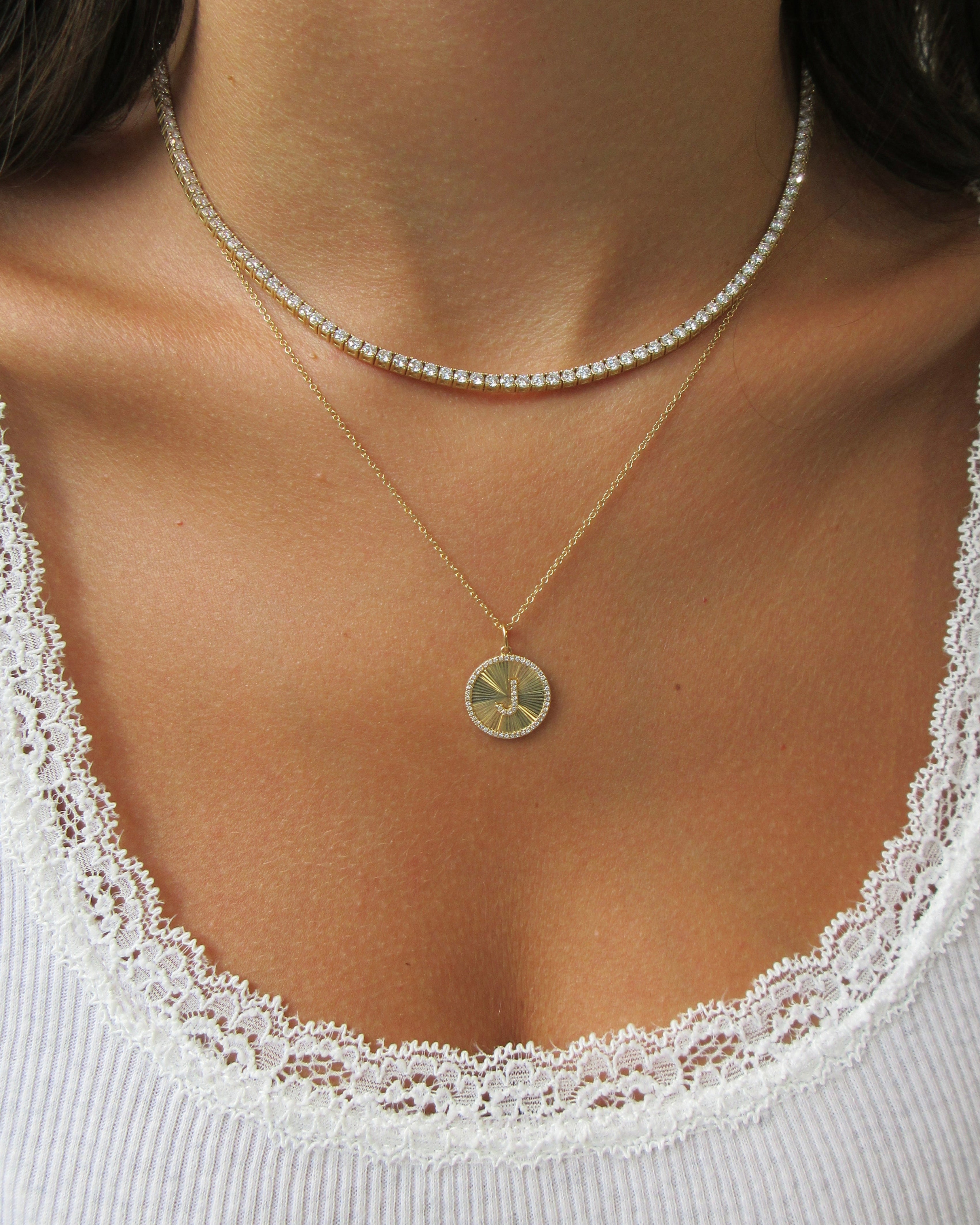 Diamond fluted medallion initial necklace