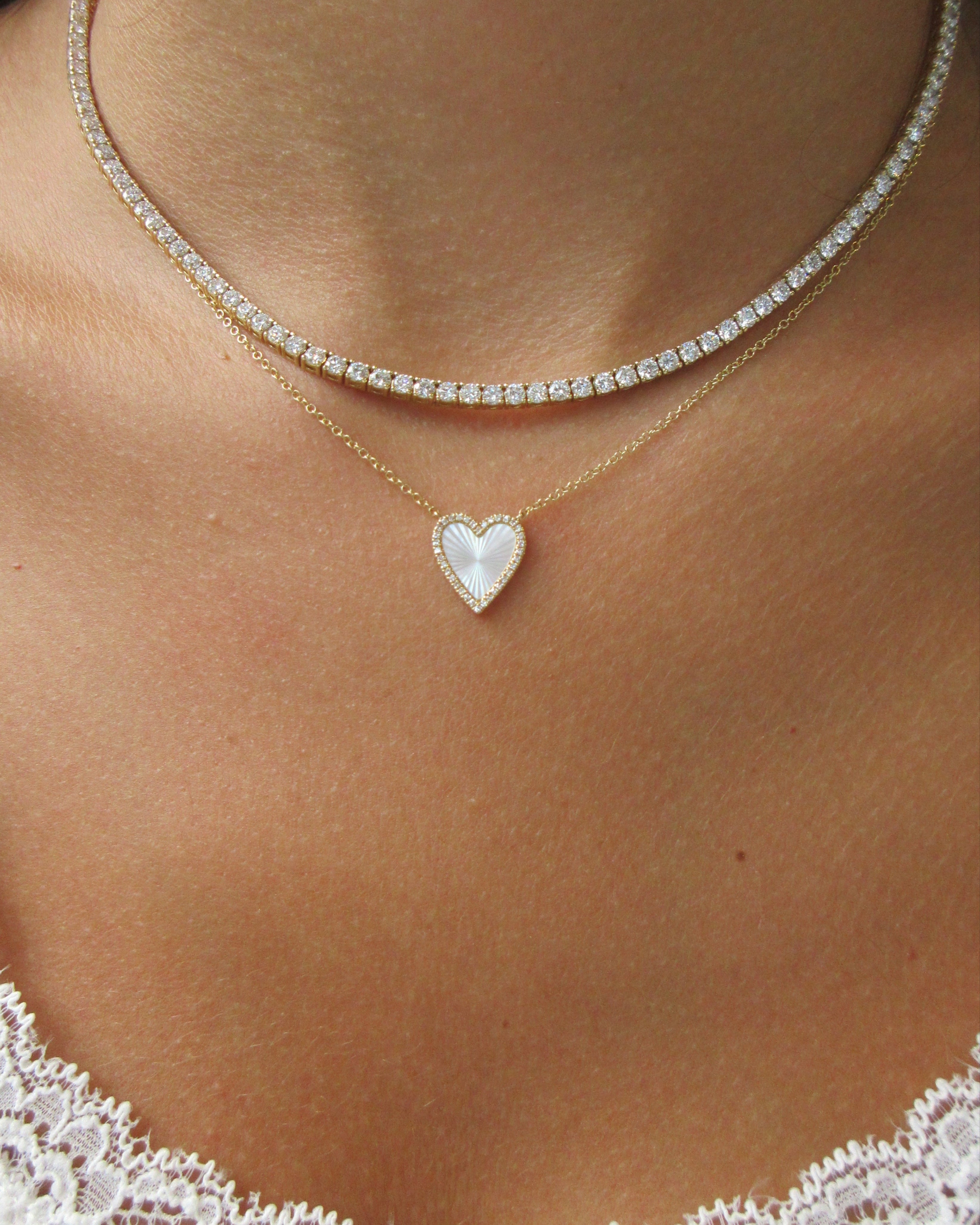 Fluted Mother of Pearl Diamond Heart Pendant Necklace