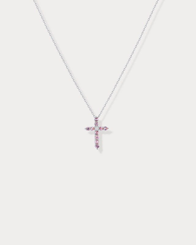 Pink Sapphires & Diamond Cross Necklace