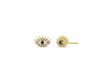 Load image into Gallery viewer, Gold &amp; Diamond Evil Eye Studs with Blue Sapphire
