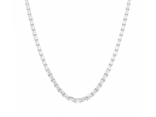 Load image into Gallery viewer, Emerald cut east-west lab diamond tennis necklace on white background, showcasing timeless elegance and sustainable luxury.
