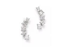 Load image into Gallery viewer, Emerald cut lab diamond climber earrings on white background, showcasing timeless elegance and sustainable luxury.
