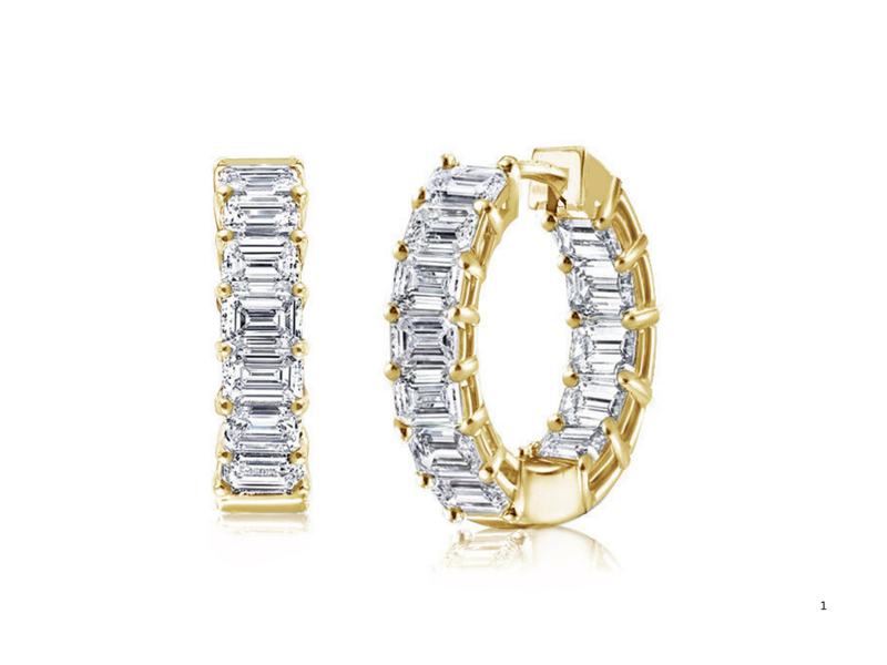 Emerald cut lab diamond hoops on white background, showcasing timeless elegance and sustainable luxury with an inside-out design.