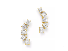 Load image into Gallery viewer, Emerald cut lab diamond climber earrings on white background, showcasing timeless elegance and sustainable luxury.
